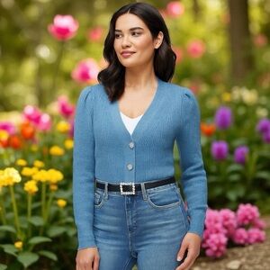 WHBM Sky Blue Tight Knit Cardigan Chunky Jewel Buttons Cozy Holiday Size XS